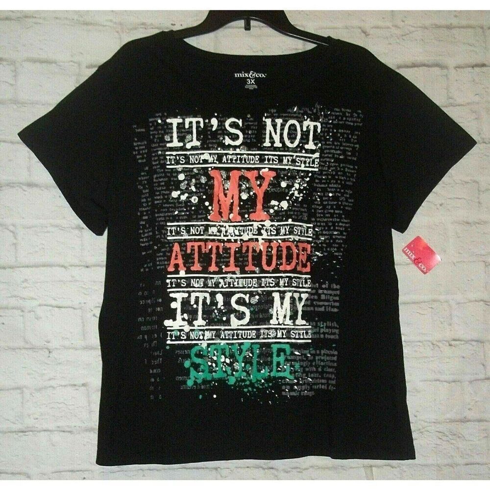 NWT MIX & CO. Plus Womens 3X (18/20) Casual Black Attitude Tee Shirt